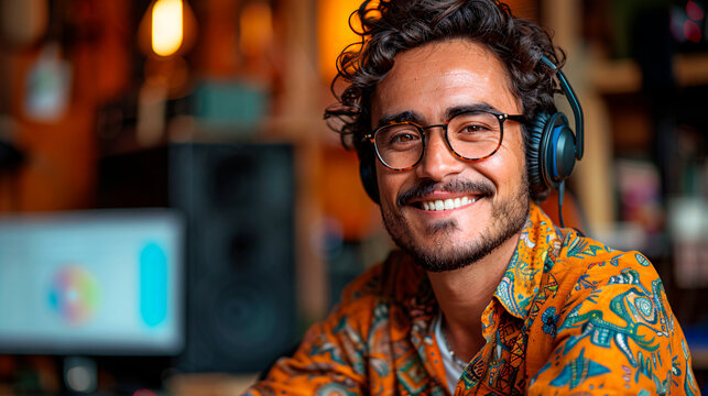 30s latino man, he is at the studio, using headphones and a floral t-shirts. Radio or podcast host.  - Powered by Adobe