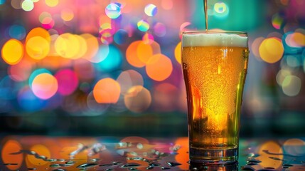 Beer pouring into glass at colorful night club