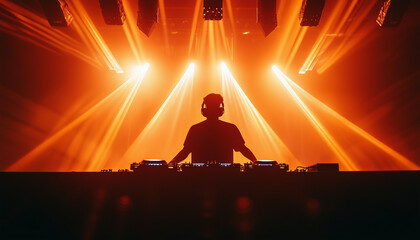 silhouette of a person performing in a dj booth in front of a light and laser show in the concert...