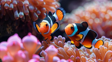 A pair of clownfish dart in and out of their anemone home, their vibrant orange bodies a splash of color against the reef. Illustration, Minimalism,