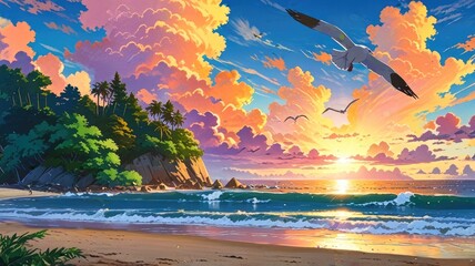 Sunset Birds Flying Over Calm Waters, anime scene