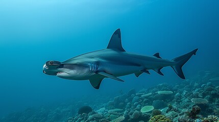Fototapeta premium A solitary hammerhead shark patrols the reef, its distinctive silhouette a silhouette against the azure water. Illustration, Minimalism,