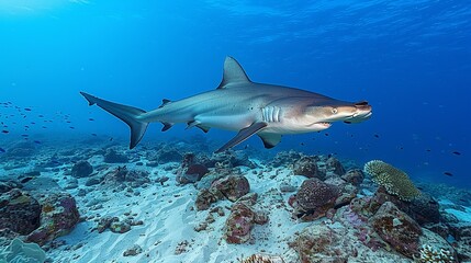 Obraz premium A solitary hammerhead shark patrols the reef, its distinctive silhouette a silhouette against the azure water. Illustration, Minimalism,