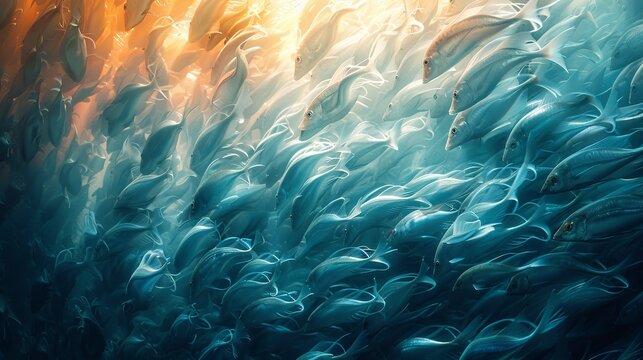 A shimmering wall of silversides pulsates with life, creating a living curtain of movement. Illustration, Minimalism,