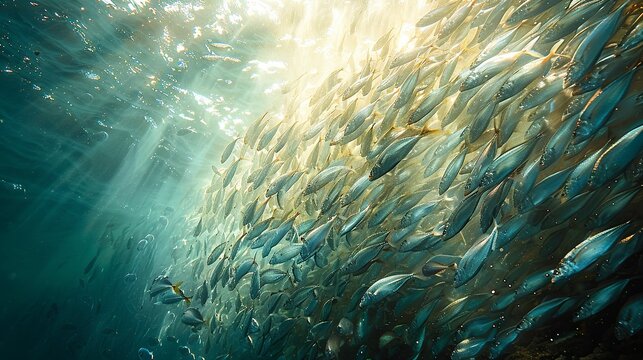A shimmering wall of silversides pulsates with life, creating a living curtain of movement. Illustration, Minimalism,