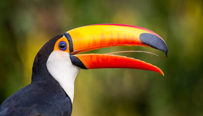 Portrait of Toco toucan (Ramphastos toco) with a big colored beak. Close-up. Brazil. Pantanal.
