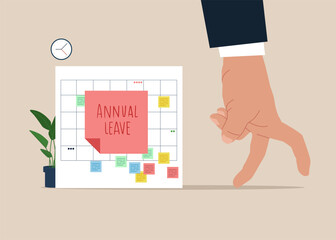 Human hand running from calendar with annual leave note. Annual leave or day off to rest from hard work, schedule reminder of annual leave. Flat modern vector illustration.