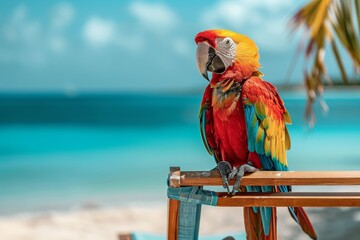 A colorful parrot perched on a beach chair with the ocean in the background