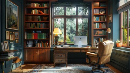 A stylish home office with a large desk, a comfortable chair, and shelves filled with books and decor, productive atmosphere, illustration background
