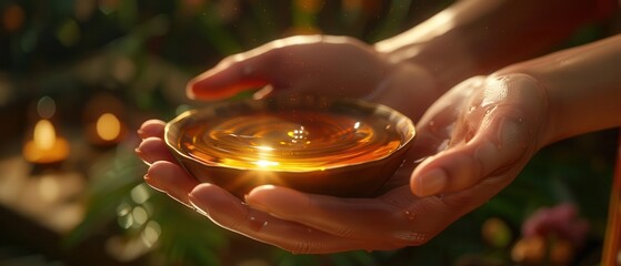 Hands holding a golden bowl filled with liquid honey in a serene, natural outdoor setting with warm sunlight.