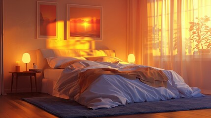 A cozy bedroom with a queen-sized bed, soft bedding, and a nightstand with a lamp, warm and inviting, illustration background
