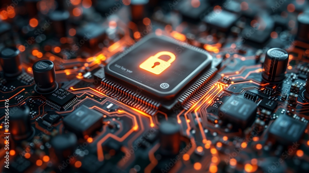 Poster a close up view of a circuit board with a glowing padlock icon