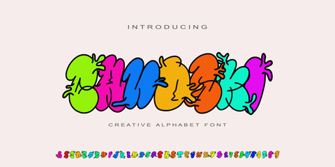 colorful liquid bubble letters. creative font, Cartoon bubble English font or alphabet. Groovy typography. Retro hippie ABC and numbers. Funny ballon font style. vector illustration. Abstract font.