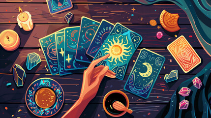 Hand holding tarot card on wooden table with crystals and coffee