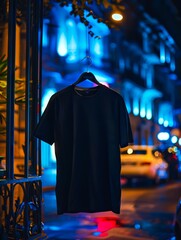 A black t-shirt hanging on a street at night.