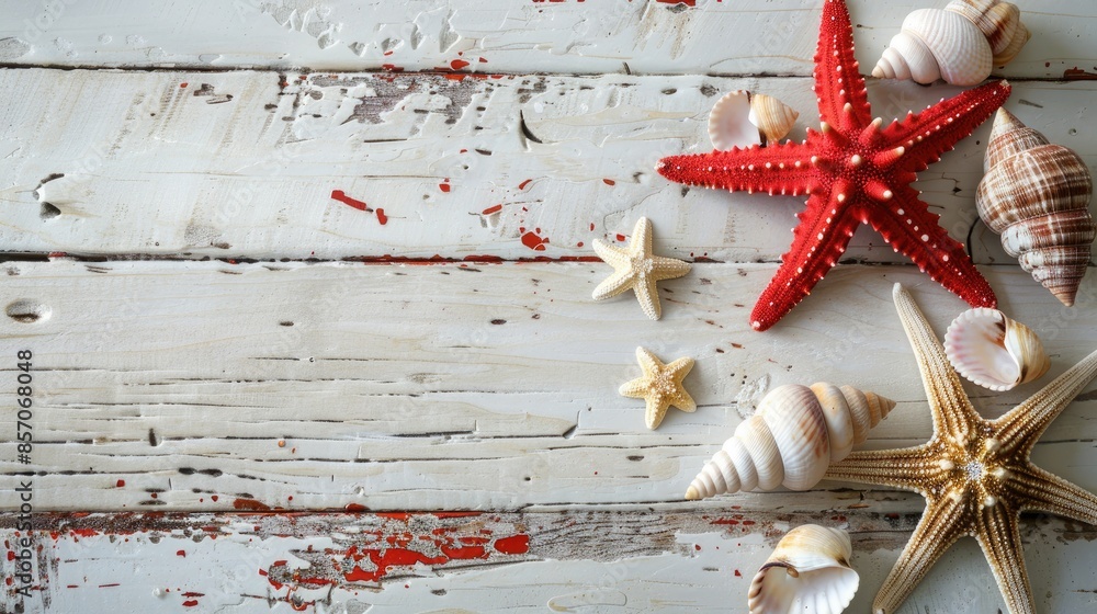 Poster red starfish and shells on white rustic background with space for text