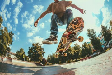 The fish eye lens distorts the scene, making the enthusiastic skateboarder's flight over the half pipe appear even more dramatic, highlighting the teenager's skateboarding talent