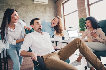 Fototapeta premium Photo of ride armchair have fun teamwork young people working together successful business conference meeting nice creative light office