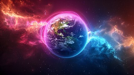 Radiant Neon-Hued Earth Sphere Suspended in the Inky Blackness of the Cosmos with Dynamic Energy Fields