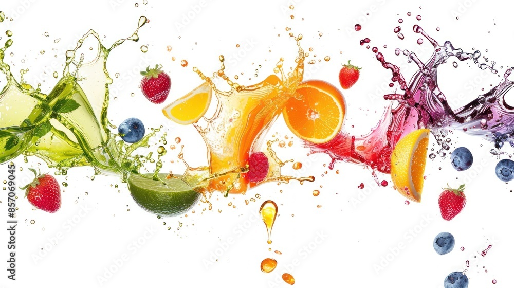 Wall mural vibrant splash of colorful fruit juices on white background capturing dynamic motion generative ai