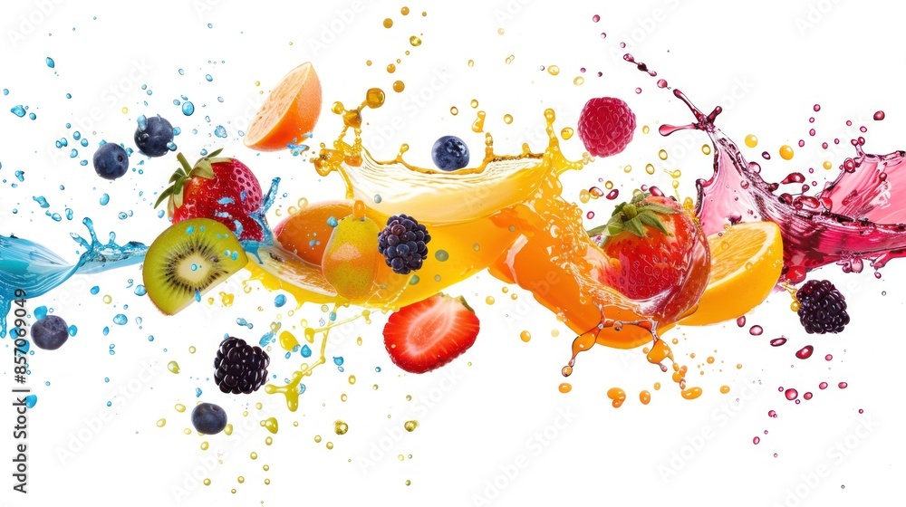 Wall mural vibrant burst of fruit juices in motion on white background generative ai