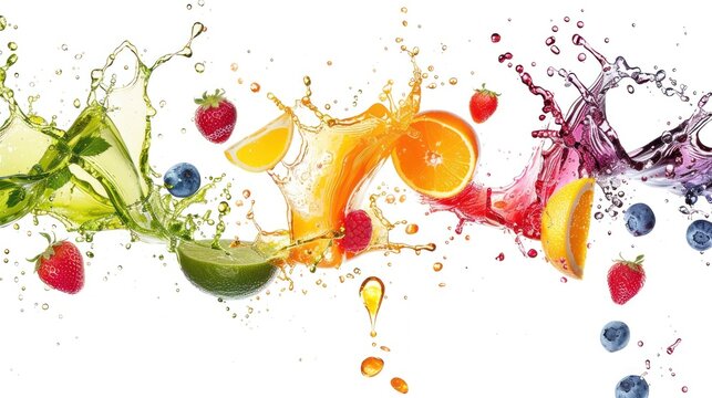 Vibrant Splash of Colorful Fruit Juices on White Background Capturing Dynamic Motion Generative AI