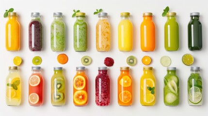 Assorted Fresh Fruit Juices in Glass Bottles Overhead View for a Healthy Lifestyle Concept Generative AI