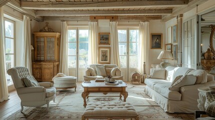 chic french countryside living room with charming rustic wood furniture and soft pastel hues, embodying the provencal style aesthetic
