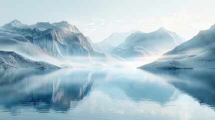 Fototapeta premium A shimmering veil of mist concealing a hidden oasis, its tranquil waters reflecting the surreal beauty of the dreamscape. Illustration, Minimalism,