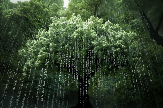 green digital tree with numbers and data streams forming branches and foliage in a nature-inspired futuristic design