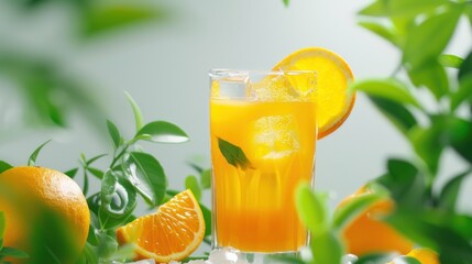 Fototapeta premium Refreshing Citrus Fruit Juice with Ice Cubes in Clear Glass for Cooling Summer Vibes Generative AI