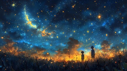 Fototapeta premium Captivating Starry Night Landscape with Silhouetted Figures in Enchanting Cosmos