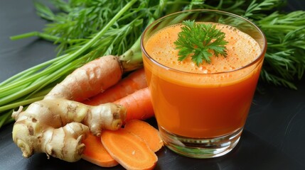 Refreshing Carrot and Ginger Juice Blend in Clear Cup with a Hint of Sweetness and Spice Generative AI