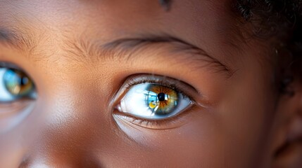 Naklejka premium Captivating Closeup of African American Child's Expressive Eye Displaying Wonder and Excitement