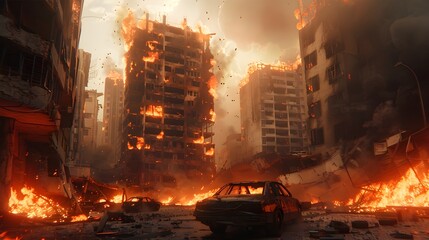 Fiery Destruction in Apocalyptic Urban Cityscape with Burning Buildings and Explosions