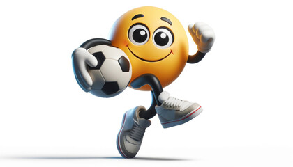 Cheerful emoticon is runing with a soccer ball in its hands on a white background.