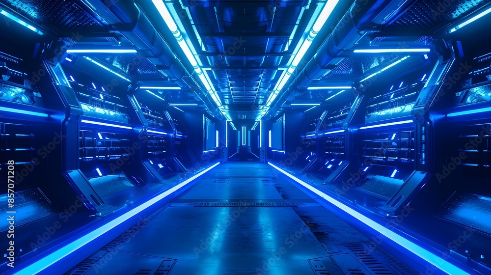 Poster futuristic digital sci-fi architectural tunnel with illuminated geometric patterns