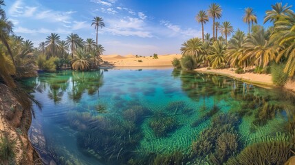 Obraz premium Serene desert oasis with blue water, lush palms, and golden dunes stretching to the horizon.
