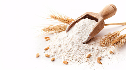 A wooden scoop filled with white flour spills onto a white background with wheat stalks and grains.