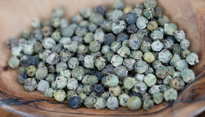 Pfefferkörner Piper nigrum auf Olivenholz