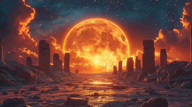 A celestial coliseum where cosmic beings gather to spectate battles of epic proportions, their roars echoing through the heavens. Illustration, Minimalism,