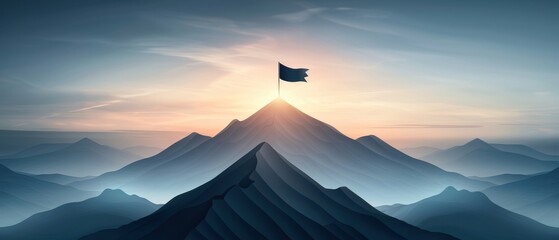 Shining route to the peak with a flag, conveying ambition and triumph Stylized mountain, dark hues