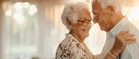 Senior couple dancing in a living room, intimate moment, lifelong love