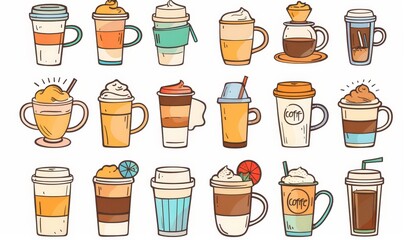 Set of Various Cold and Hot Coffee Drinks: Espresso, Americano, Cappuccino, Bubble Coffee, in Cups, Paper Mugs, and Glasses
