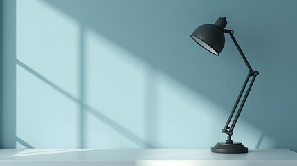 A sophisticated, matte black desk lamp on a clean, white desk, against a soft, pastel blue wall. This photo embodies minimalist office design, with a focus on functionality and aesthetic appeal.