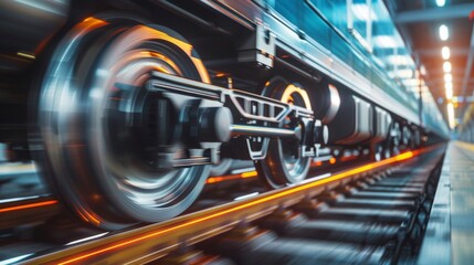Obraz premium Industrial rail train wheels closeup motion technology perspective conceptual background