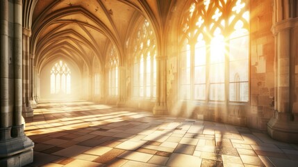 Sunlit gothic cathedral with golden light streaming through arched windows, creating a majestic and serene atmosphere with a touch of historical grandeur.