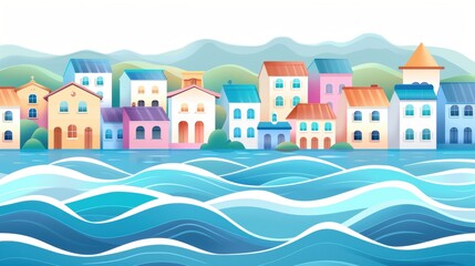 Fototapeta premium A colorful illustrated seaside town with bright houses in various pastel shades, against a backdrop of waves and rolling green hills.