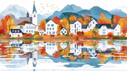 Naklejka premium A colorful illustration of a quaint village in autumn, with vibrant fall foliage, mountains, and a calm river under a bright sky.