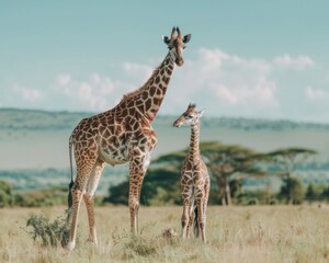 Obraz premium Two giraffes standing in a grassy field